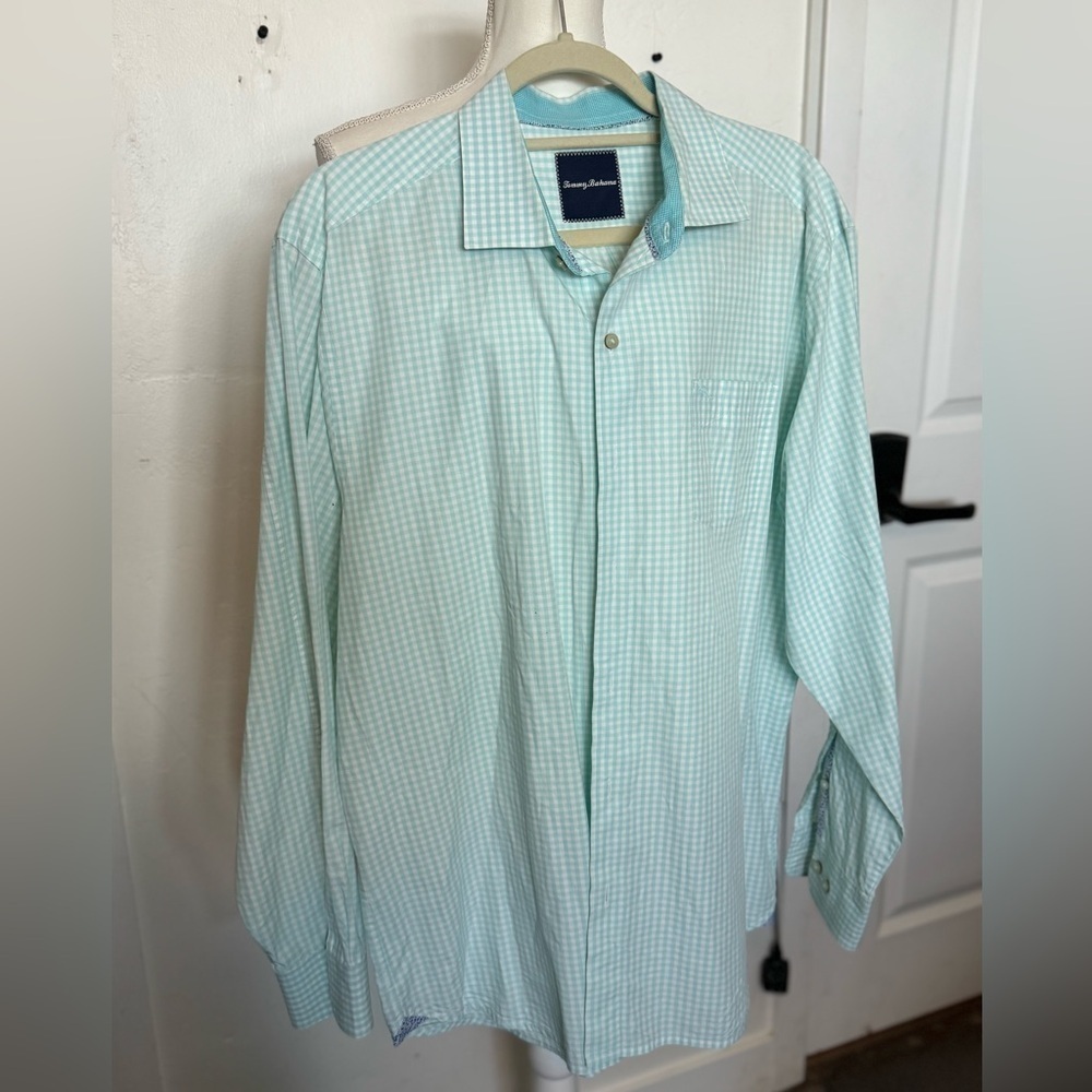Tommy Bahama Long Sleeve Dress Shirt White and Aqua Color Size Large